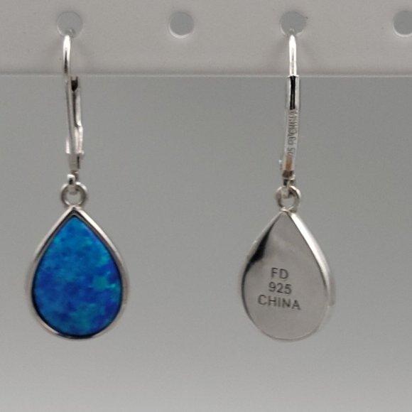 Sterling Silver Blue Teardrop Created Opal Element Drop Dangle Earrings - Picture 2 of 2